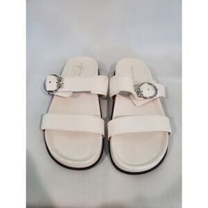 Stuart Weitzman Joni Sandal White Slide Flats Silver Buckle size10.s59